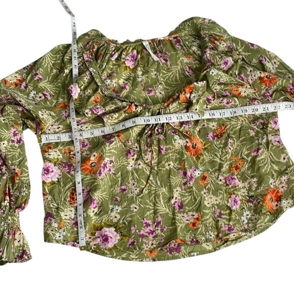 Anthropologie Gorgeous Green Floral Blouse with Tie Front, Ruffles, Bell Cuffs - Picture 7 of 9
